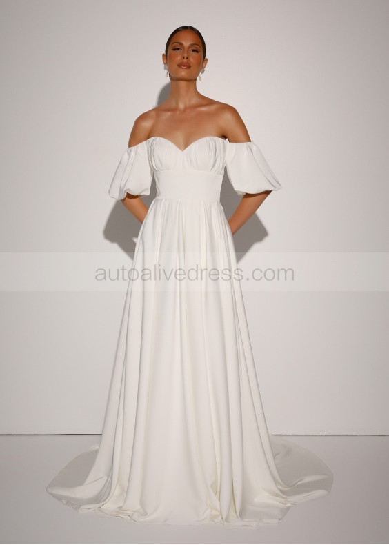 Off Shoulder Ivory Satin Minimalist Wedding Dress